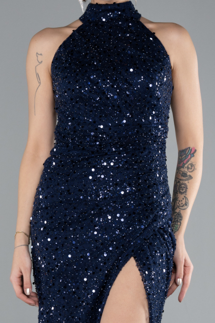 Robe de Soirée Longue Squameuse Bleu Marine ABU4376