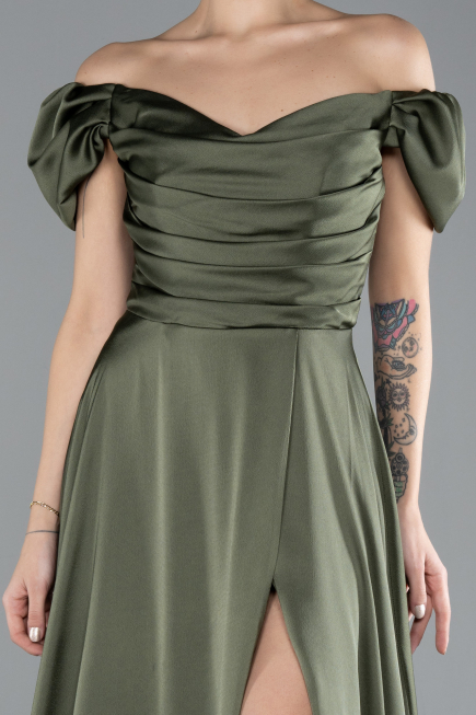 Robe de Soirée Longue Satin Kaki ABU4508