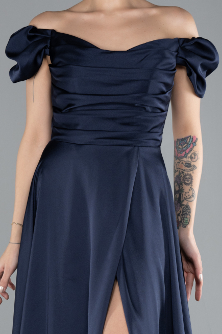 Robe de Soirée Longue Satin Bleu Marine ABU4508