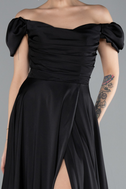 Robe de Soirée Longue Satin Noir ABU4508