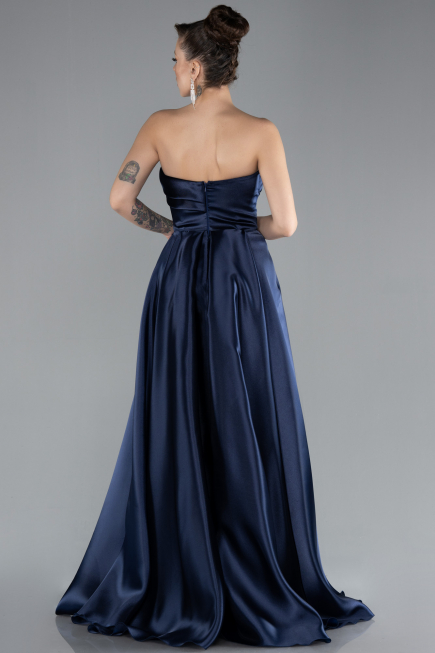 Robe de Soirée Longue Satin Bleu Marine ABU4522