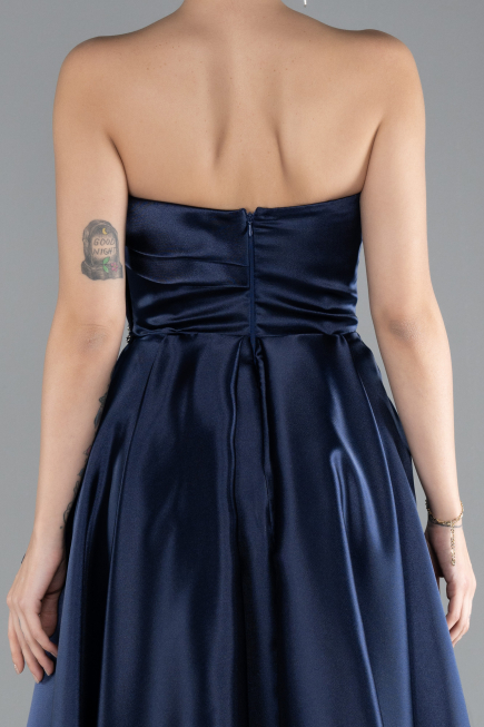 Robe de Soirée Longue Satin Bleu Marine ABU4522