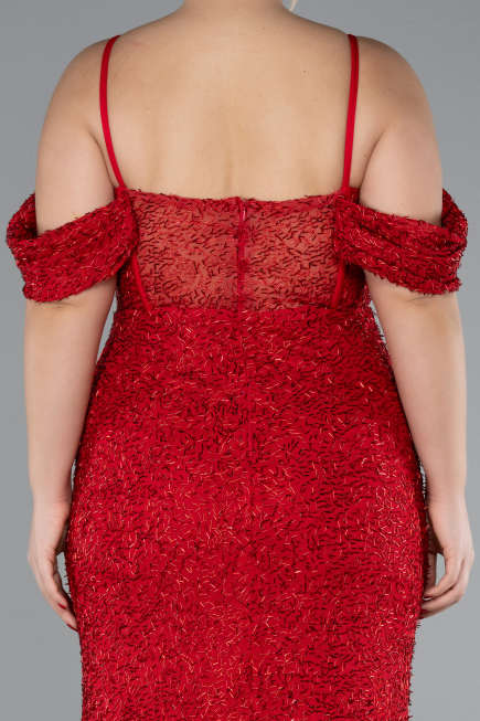 Robe De Fiançailles Grande Taille Longue Perlé Rouge ABU4395