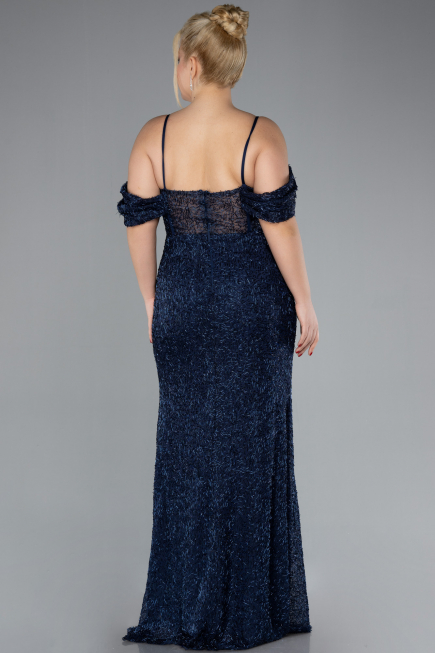 Robe De Fiançailles Grande Taille Longue Perlé Bleu Marine ABU4395