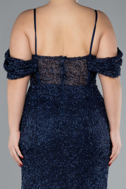 Robe De Fiançailles Grande Taille Longue Perlé Bleu Marine ABU4395