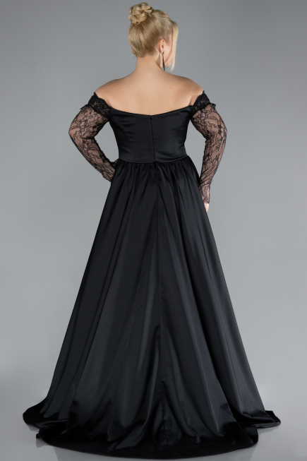 Robe Grande Taille Longue Satin Noir ABU4348