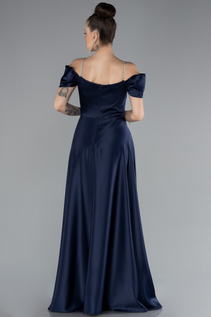 Robe de Soirée Longue Satin Bleu Marine ABU4531