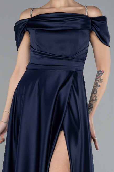 Robe de Soirée Longue Satin Bleu Marine ABU4531