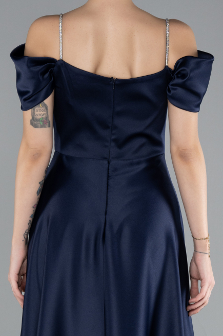 Robe de Soirée Longue Satin Bleu Marine ABU4531