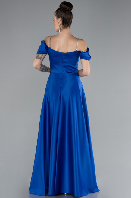 Robe de Soirée Longue Satin Bleu Saxe ABU4531
