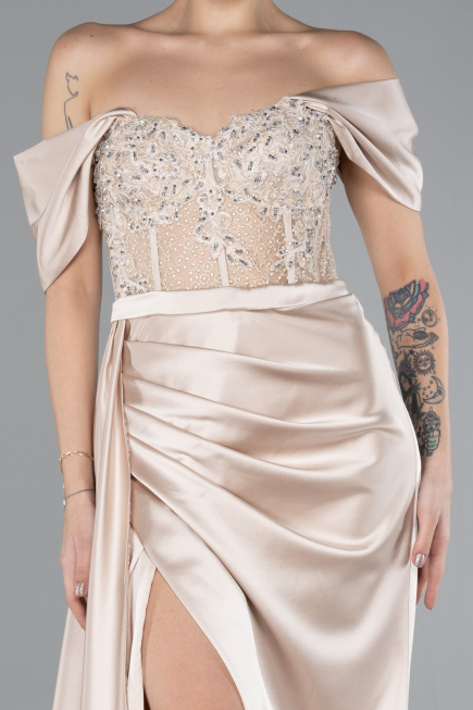 Robe De Soirée Satin Longue Beige ABU4424