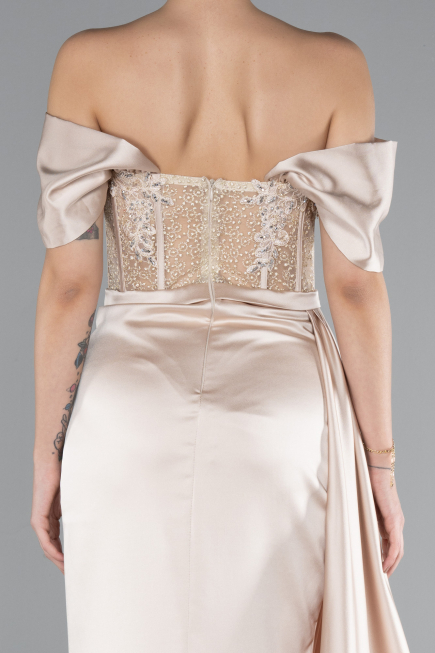 Robe De Soirée Satin Longue Beige ABU4424