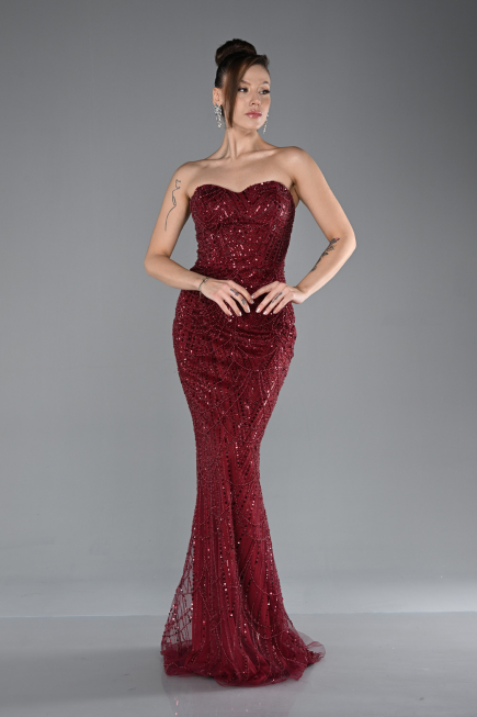 Robe de Soirée Longue Rouge Bordeaux ABU4517
