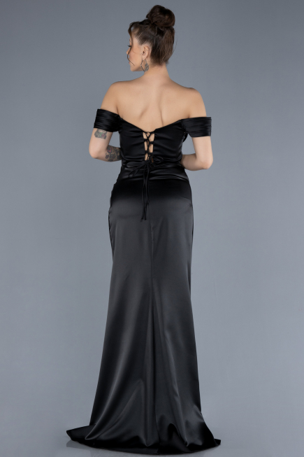 Robe de Soirée Longue Satin Noir ABU4582