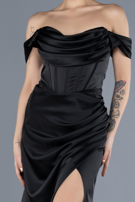 Robe de Soirée Longue Satin Noir ABU4582