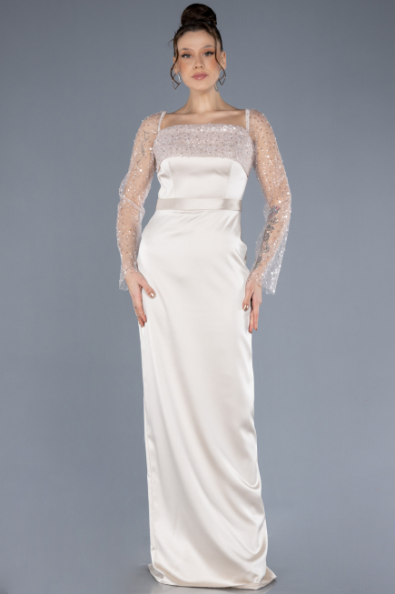 Robe de Soirée Longue Satin Beige ABU4583