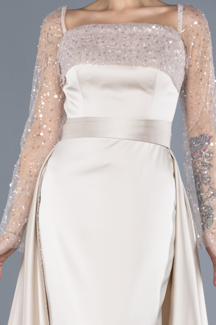 Robe de Soirée Longue Satin Beige ABU4583