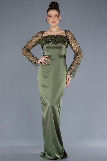 Robe de Soirée Longue Satin Kaki ABU4583