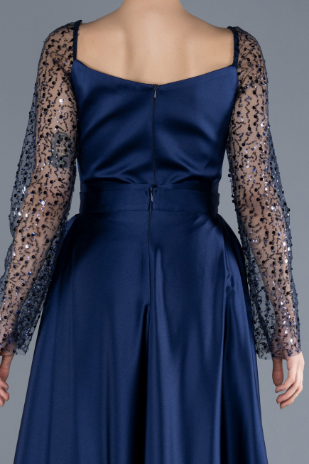 Robe de Soirée Longue Satin Bleu Marine ABU4583