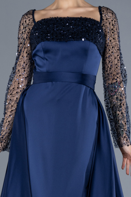 Robe de Soirée Longue Satin Bleu Marine ABU4583