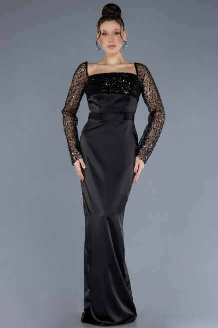 Robe de Soirée Longue Satin Noir ABU4583