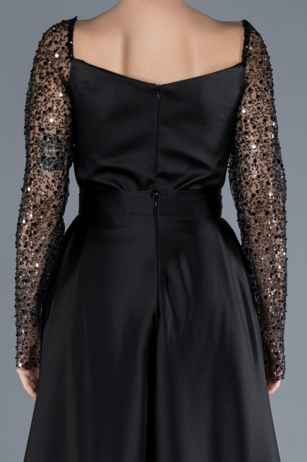 Robe de Soirée Longue Satin Noir ABU4583