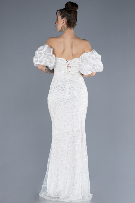 Robe de Soirée Longue Perlé Blanc ABU4616