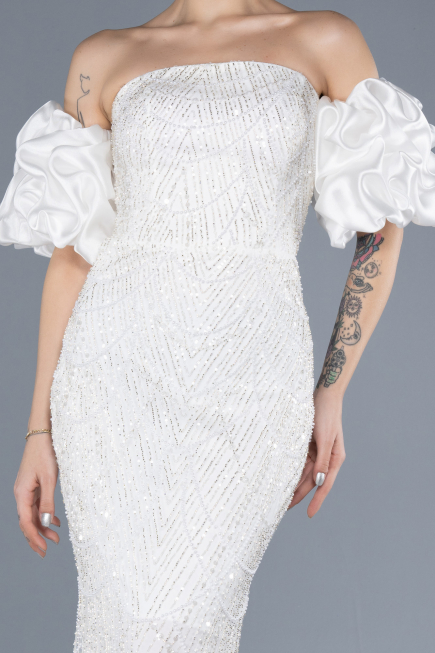 Robe de Soirée Longue Perlé Blanc ABU4616