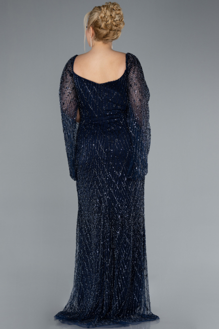 Robe De Fiançailles Grande Taille Longue Perlé Bleu Marine ABU4640