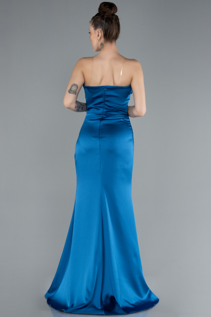Robe de Soirée Longue Satin Bleu Pétrole ABU4663