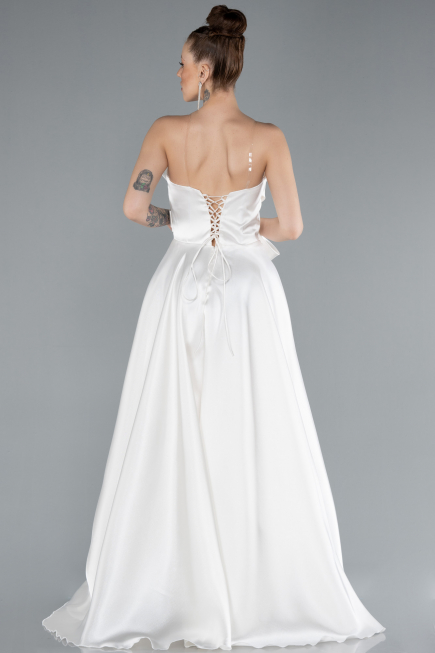 Robe de Soirée Longue Satin Blanc ABU4680