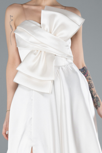 Robe de Soirée Longue Satin Blanc ABU4680