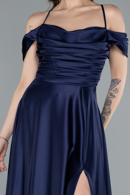Robe de Soirée Longue Satin Bleu Marine ABU4703