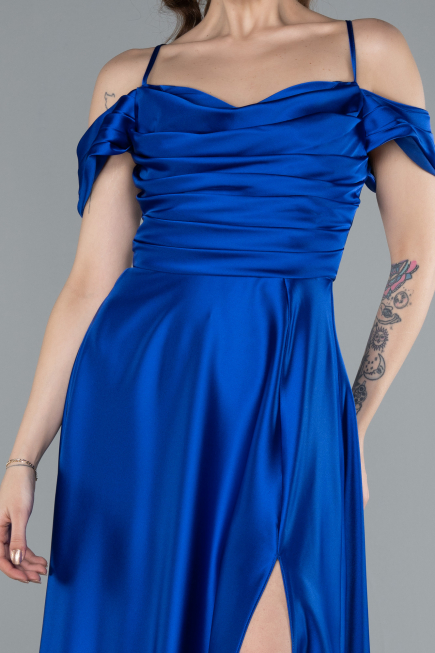 Robe de Soirée Longue Satin Bleu Saxe ABU4703