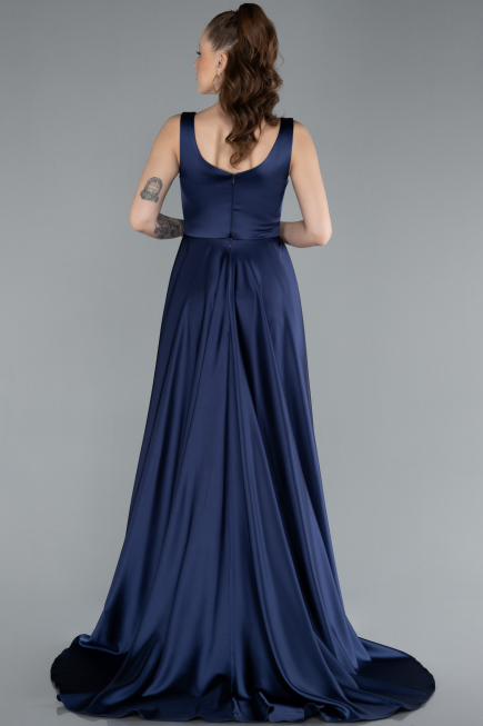 Robe de Soirée Longue Satin Bleu Marine ABU4715