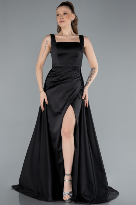 Robe de Soirée Longue Satin Noir ABU4715