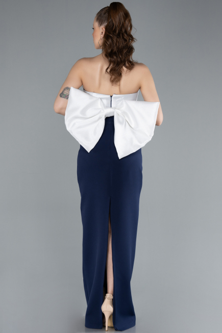 Robe de Soirée Longue Bleu Marine-Blanc ABU4716