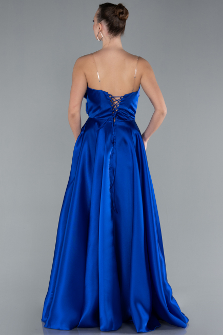 Robe de Soirée Longue Satin Bleu Saxe ABU4680