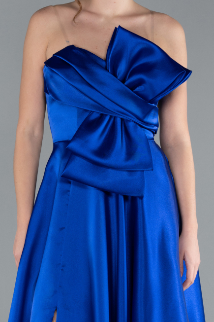 Robe de Soirée Longue Satin Bleu Saxe ABU4680