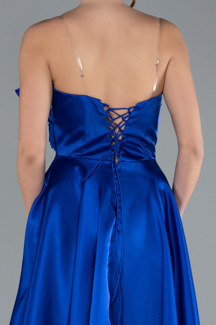 Robe de Soirée Longue Satin Bleu Saxe ABU4680