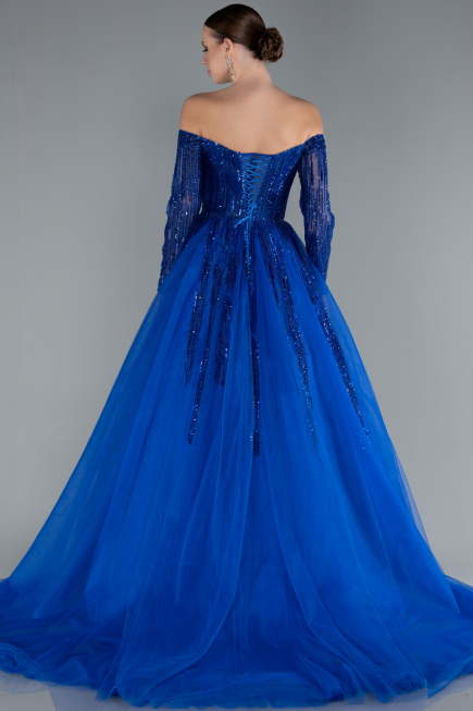 Robe De Soirée De Créateur Longue Bleu Saxe ABU4719