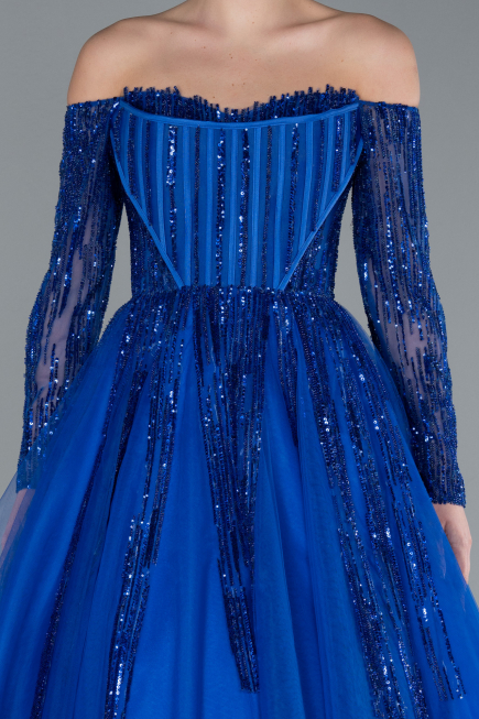 Robe De Soirée De Créateur Longue Bleu Saxe ABU4719