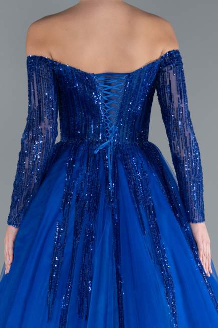 Robe De Soirée De Créateur Longue Bleu Saxe ABU4719