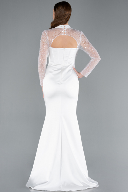 Robe de Soirée Longue Satin Blanc ABU4765