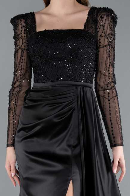 Robe de Soirée Longue Satin Noir ABU4781