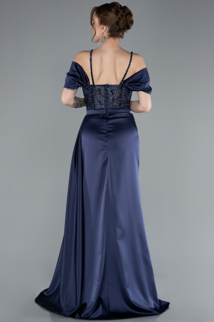 Robe de Soirée Longue Satin Bleu Marine ABU4801