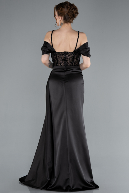 Robe de Soirée Longue Satin Noir ABU4801