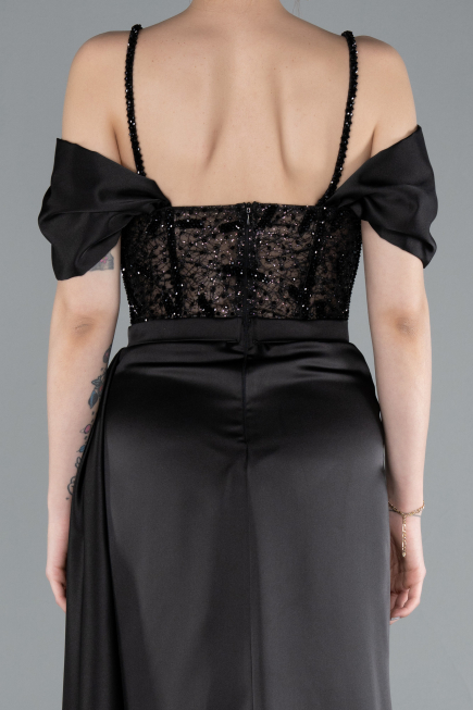 Robe de Soirée Longue Satin Noir ABU4801