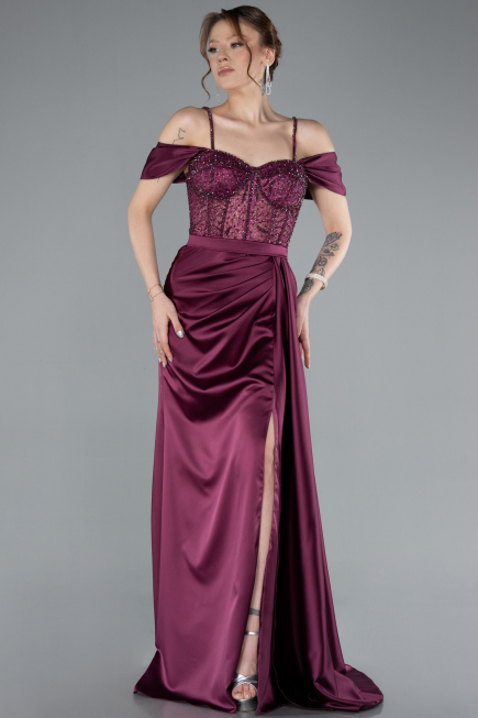 Robe de Soirée Longue Satin Couleur Cerise ABU4801