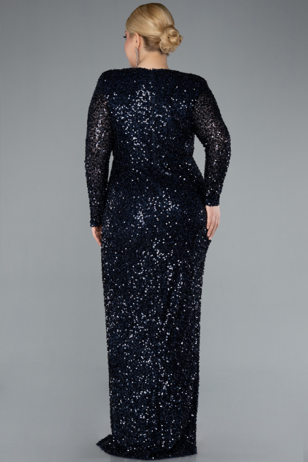 Robe de Soirée Grande Taille Longue Squameuse Bleu Marine ABU4764